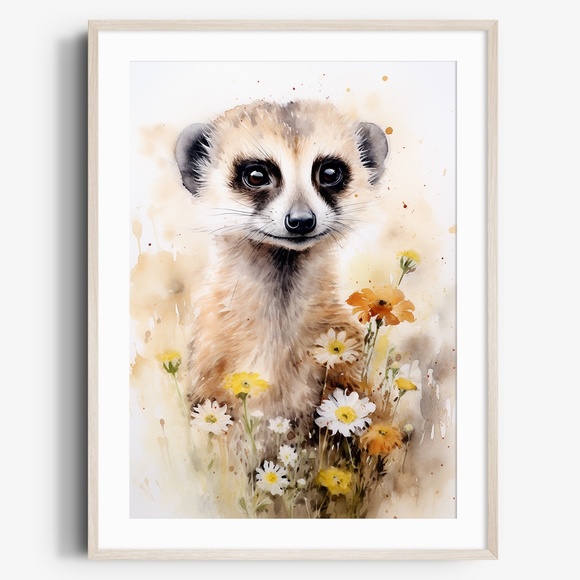 Other - Watercolor Meerkat With Flowers Portrait Wall Art Illustration Print Unframed